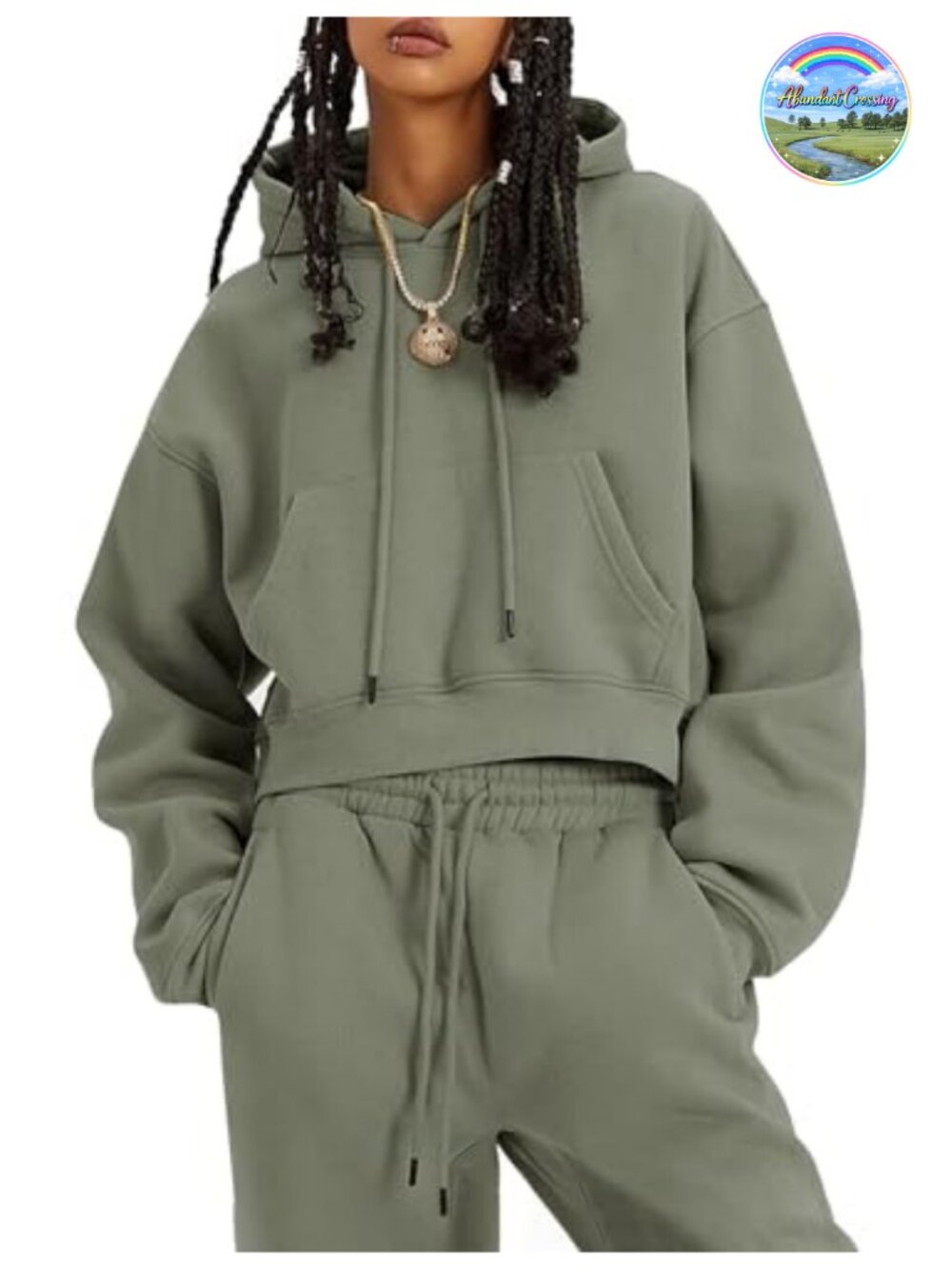 Women's Fleece 2 Piece Sweatsuit Set, Crop Pullover Hoodie & Jogger Pants